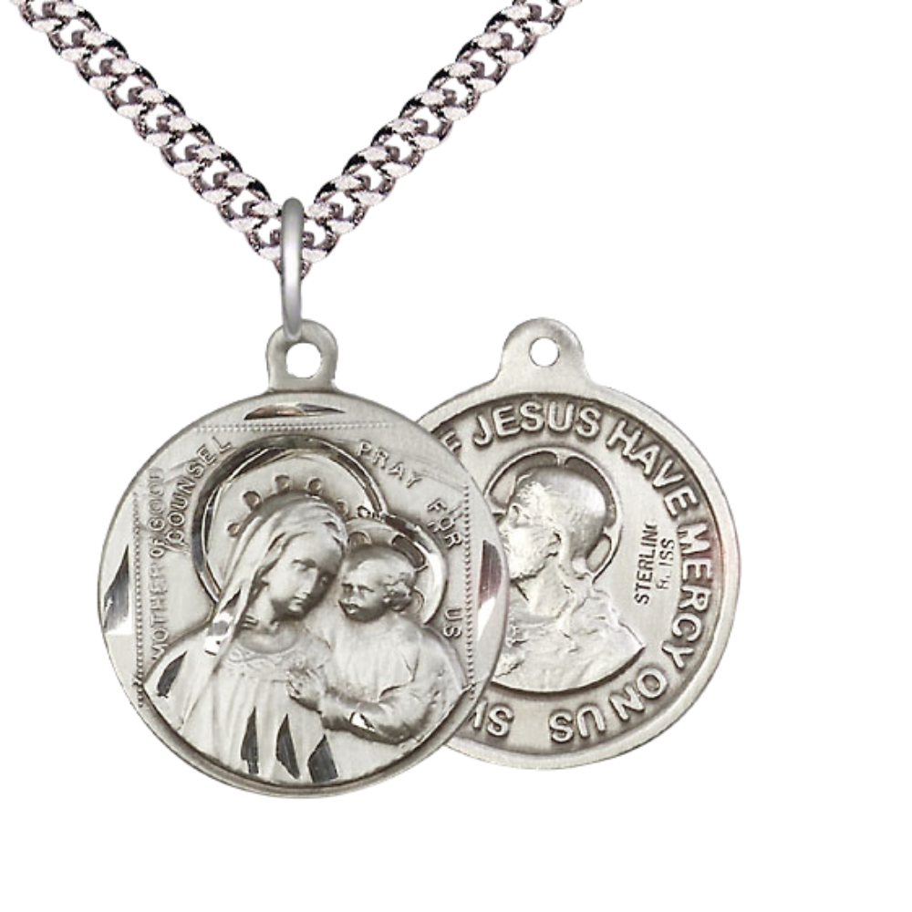 Everlasting Light Jewelry .925 Sterling Silver Our Lady of Good Counsel Medal Pendant (7/8 x 7/8) on 24 Inch Endless Rhodium Plated Heavy Curb Chain, Catholic Medal - Made in USA, Deluxe Velvet Gift Box