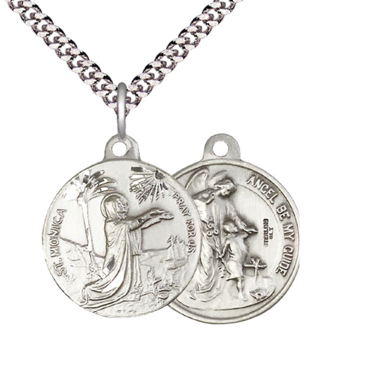Everlasting Light Jewelry .925 Sterling Silver Saint St. Monica Medal Pendant (7/8 x 7/8) on 24 Inch Endless Rhodium Plated Heavy Curb Chain, Catholic Medal - Made in USA, Deluxe Velvet Gift Box