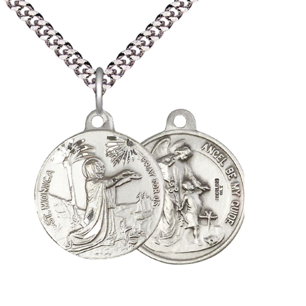 Everlasting Light Jewelry .925 Sterling Silver Saint St. Monica Medal Pendant (7/8 x 7/8) on 24 Inch Endless Rhodium Plated Heavy Curb Chain, Catholic Medal - Made in USA, Deluxe Velvet Gift Box