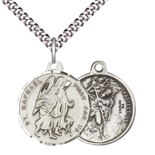 .925 Sterling Silver Saint St. Raphael the Archangel Medal Pendant on 24 Inch Endless Rhodium Plated Heavy Curb Chain - Catholic Religious Necklace Made in USA, Deluxe Velvet Gift Box