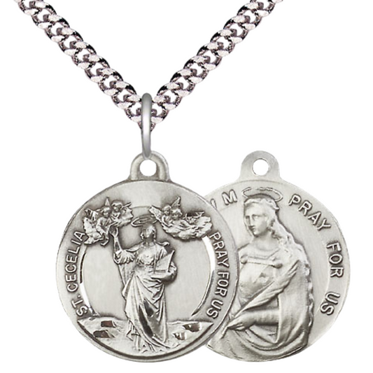 Everlasting Light Jewelry .925 Sterling Silver Saint St. Cecilia Medal Pendant on 24 Inch Endless Rhodium Plated Heavy Curb Chain - Catholic Religious Necklace Made in USA, Deluxe Velvet Gift Box