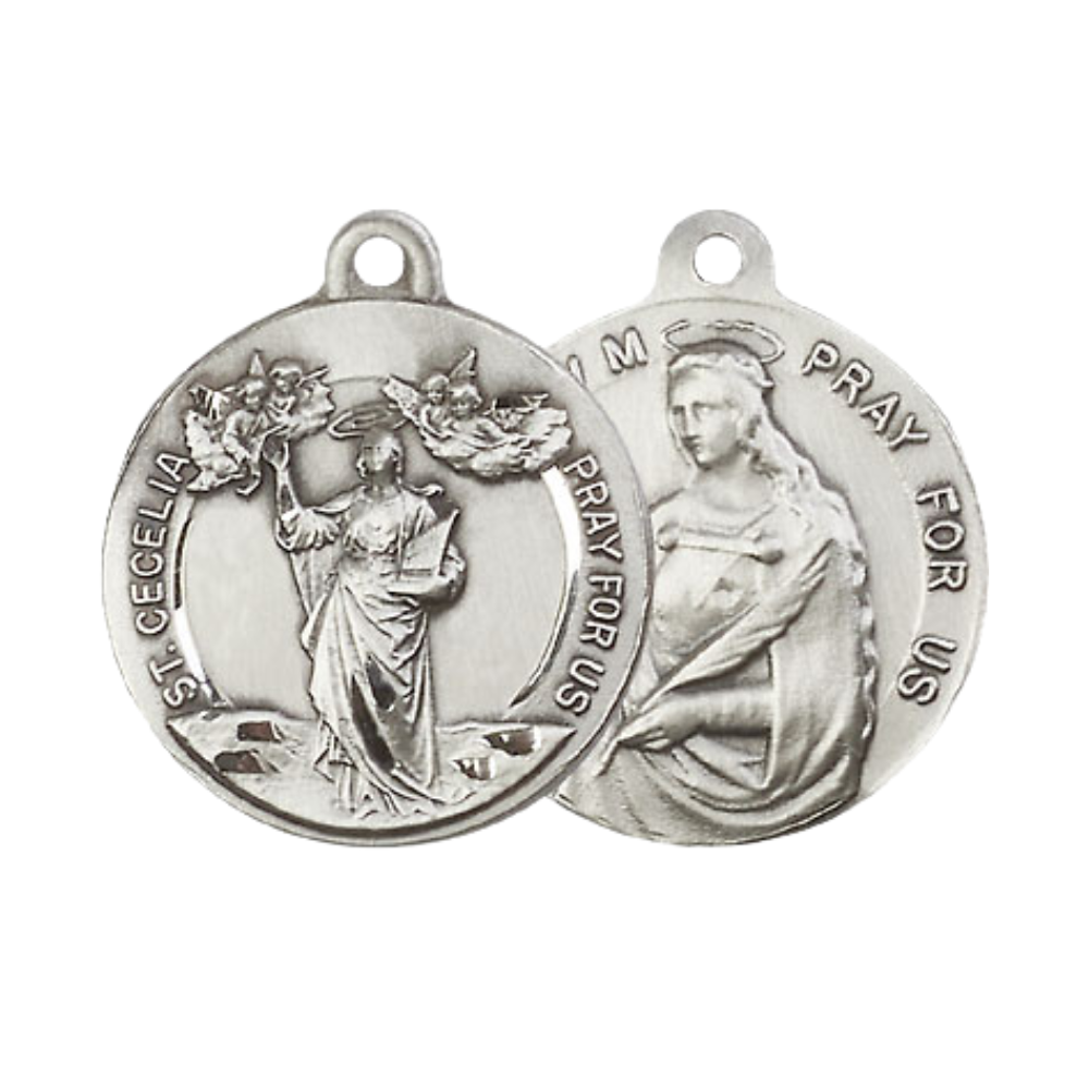 Everlasting Light Jewelry .925 Sterling Silver Saint St. Cecilia Medal Pendant on 24 Inch Endless Rhodium Plated Heavy Curb Chain - Catholic Religious Necklace Made in USA, Deluxe Velvet Gift Box