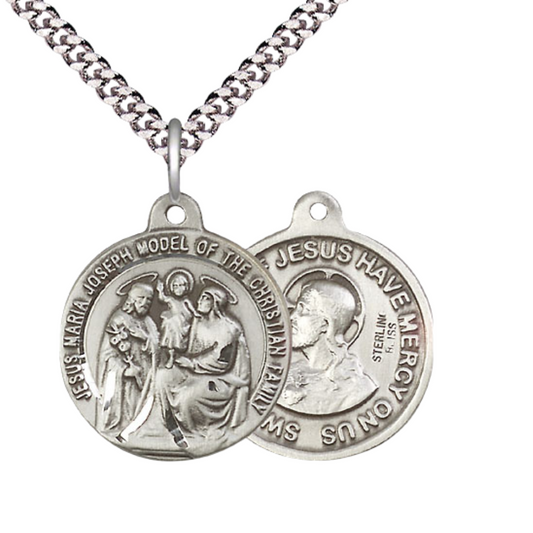 Everlasting Light Jewelry .925 Sterling Silver Holy Family Medal Pendant (7/8 x 7/8) on 24 Inch Endless Rhodium Plated Heavy Curb Chain, Catholic Medal - Made in USA, Deluxe Velvet Gift Box