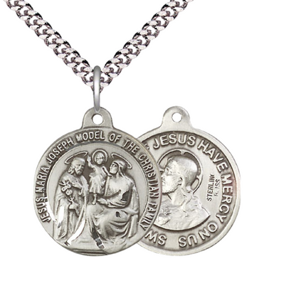 Everlasting Light Jewelry .925 Sterling Silver Holy Family Medal Pendant (7/8 x 7/8) on 24 Inch Endless Rhodium Plated Heavy Curb Chain, Catholic Medal - Made in USA, Deluxe Velvet Gift Box