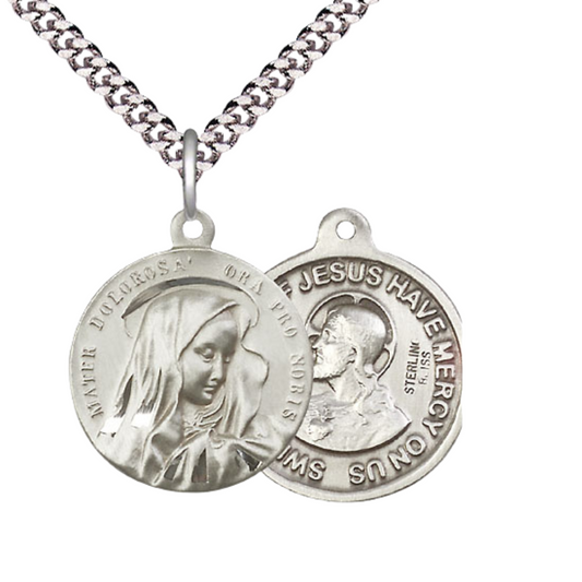 Everlasting Light Jewelry .925 Sterling Silver Mater Dolorosa Medal Pendant (7/8 x 7/8) on 24 Inch Endless Rhodium Plated Heavy Curb Chain, Catholic Medal - Made in USA, Deluxe Velvet Gift Box