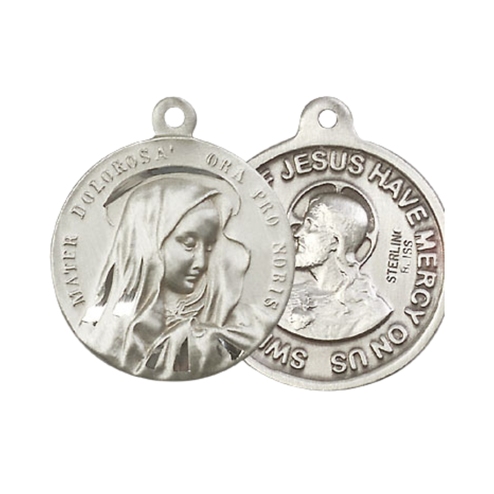 Everlasting Light Jewelry .925 Sterling Silver Mater Dolorosa Medal Pendant (7/8 x 7/8) on 24 Inch Endless Rhodium Plated Heavy Curb Chain, Catholic Medal - Made in USA, Deluxe Velvet Gift Box
