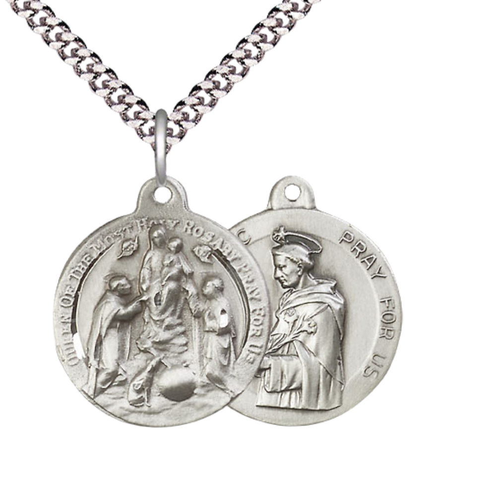 Everlasting Light Jewelry .925 Sterling Silver Holy Rosary Medal Pendant (7/8 x 7/8) on a 24 Inch Endless Rhodium Plated Heavy Curb Chain, Catholic Medal - Made in USA, Deluxe Velvet Gift Box