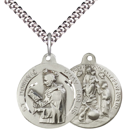 Everlasting Light Jewelry .925 Sterling Silver Saint St. Dominic Medal Pendant on 24 Inch Endless Rhodium Plated Heavy Curb Chain - Catholic Religious Necklace Made in USA, Deluxe Velvet Gift Box