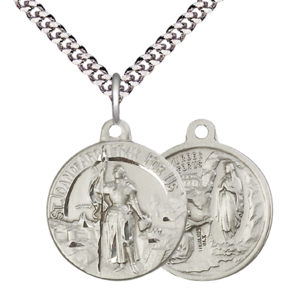 Everlasting Light Jewelry .925 Sterling Silver Saint St. Joan of Arc Medal Pendant on 24 Inch Endless Rhodium Plated Heavy Curb Chain - Catholic Religious Necklace Made in USA, Deluxe Velvet Gift Box