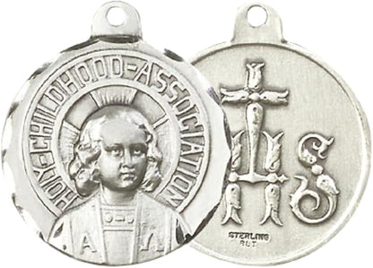 Everlasting Light Jewelry .925 Sterling Silver Holy Childhood Medal Pendant (7/8 x 7/8) on 24 Inch Endless Rhodium Plated Heavy Curb Chain, Catholic Medal - Made in USA, Deluxe Velvet Gift Box