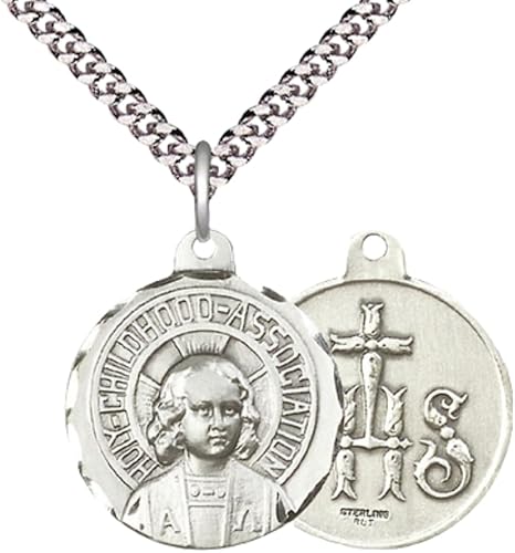 Everlasting Light Jewelry .925 Sterling Silver Holy Childhood Medal Pendant (7/8 x 7/8) on 24 Inch Endless Rhodium Plated Heavy Curb Chain, Catholic Medal - Made in USA, Deluxe Velvet Gift Box