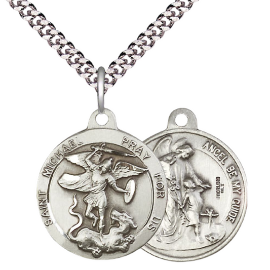 .925 Sterling Silver Saint St. Michael the Archangel Guardian Angel Medal Pendant on 24 Inch Endless Rhodium Plated Heavy Curb Chain - Catholic Religious Necklace Made in USA, Deluxe Velvet Gift Box