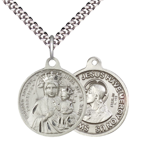 Everlasting Light Jewelry .925 Sterling Silver Our Lady of Czestochowa Medal Pendant (7/8 x 7/8) on 24 Inch Endless Rhodium Plated Heavy Curb Chain, Catholic Medal - Made in USA, Deluxe Velvet Gift Box
