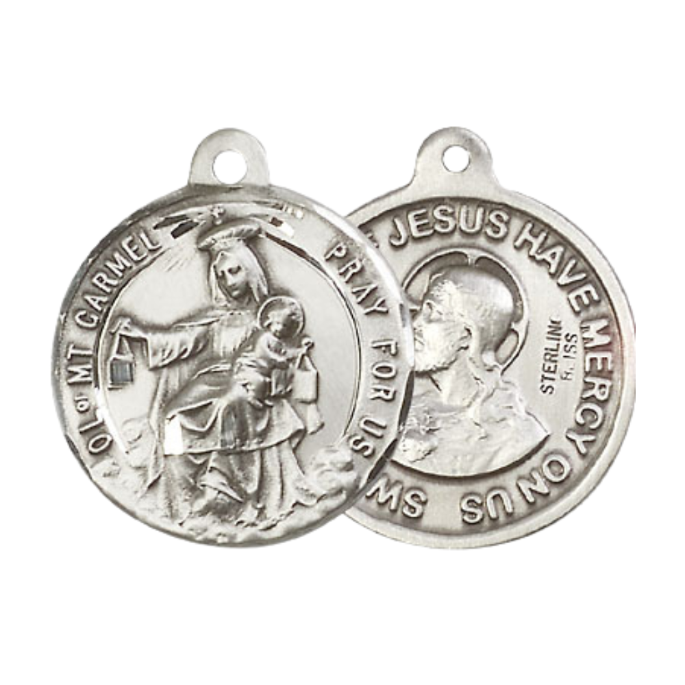 Everlasting Light Jewelry .925 Sterling Silver Our Lady of Mount Carmel Medal Pendant (7/8 x 7/8) on 24 Inch Endless Rhodium Plated Heavy Curb Chain, Catholic Medal - Made in USA, Deluxe Velvet Gift Box