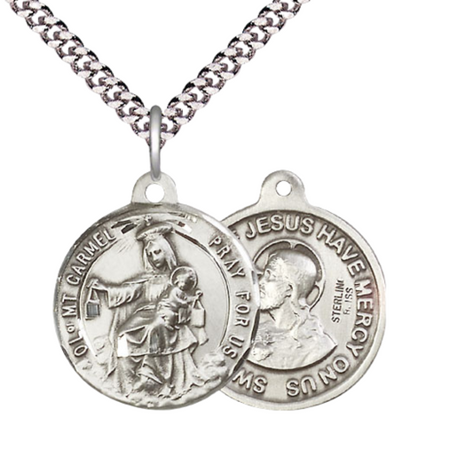 Everlasting Light Jewelry .925 Sterling Silver Our Lady of Mount Carmel Medal Pendant (7/8 x 7/8) on 24 Inch Endless Rhodium Plated Heavy Curb Chain, Catholic Medal - Made in USA, Deluxe Velvet Gift Box
