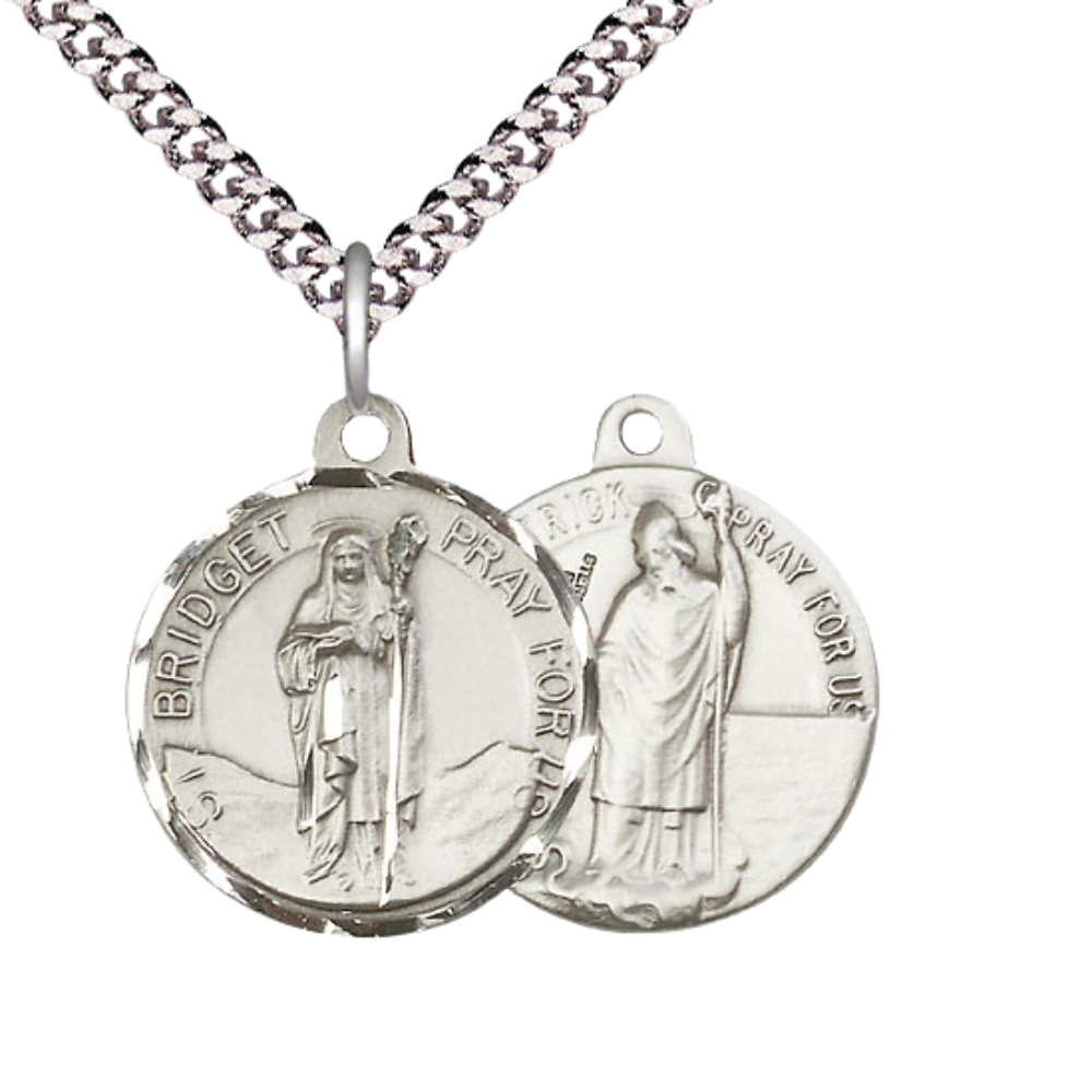 Everlasting Light Jewelry .925 Sterling Silver Saint St. Bridget Medal Pendant (7/8 x 7/8) on 24 Inch Endless Rhodium Plated Heavy Curb Chain, Catholic Medal - Made in USA, Deluxe Velvet Gift Box