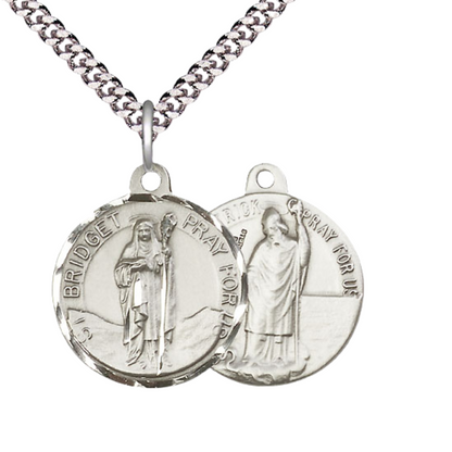 Everlasting Light Jewelry .925 Sterling Silver Saint St. Bridget Medal Pendant (7/8 x 7/8) on 24 Inch Endless Rhodium Plated Heavy Curb Chain, Catholic Medal - Made in USA, Deluxe Velvet Gift Box