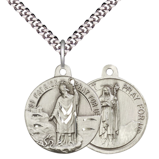 Everlasting Light Jewelry .925 Sterling Silver Saint St. Patrick Medal Pendant (7/8 x 7/8) on 24 Inch Endless Rhodium Plated Heavy Curb Chain, Catholic Medal - Made in USA, Deluxe Velvet Gift Box
