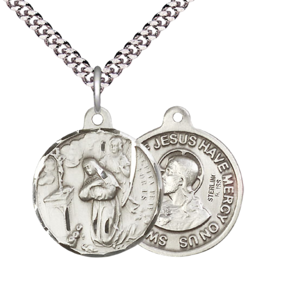 Everlasting Light Jewelry .925 Sterling Silver Saint St. Rita of Cascia Medal Pendant (7/8 x 7/8) on 24 Inch Endless Rhodium Plated Heavy Curb Chain, Catholic Medal - Made in USA, Deluxe Velvet Gift Box