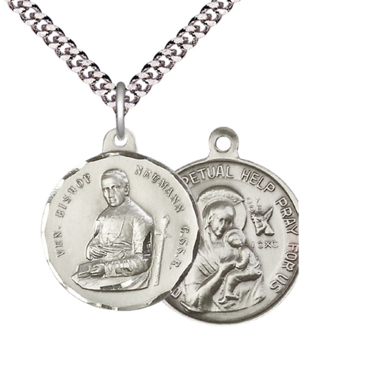 Everlasting Light Jewelry .925 Sterling Silver Bishop Newman Medal Pendant (7/8 x 7/8) on 24 Inch Endless Rhodium Plated Heavy Curb Chain, Catholic Medal - Made in USA, Deluxe Velvet Gift Box