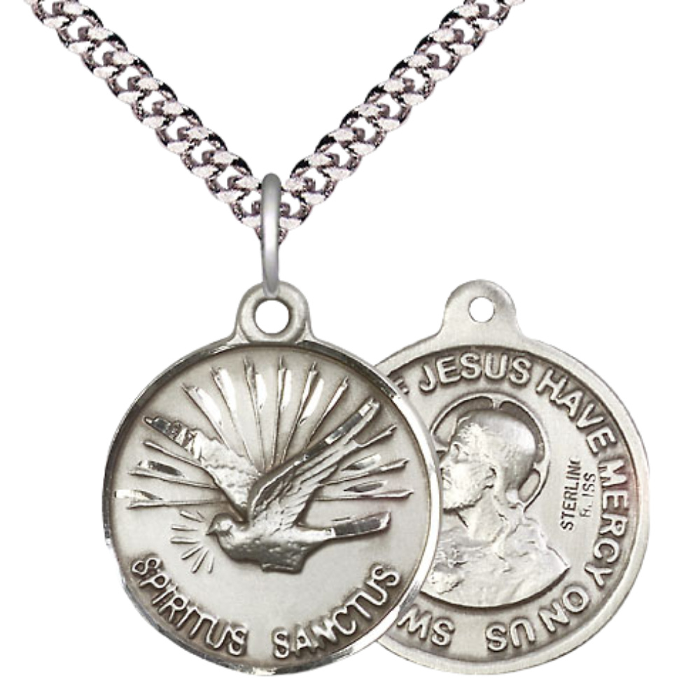 Everlasting Light Jewelry .925 Sterling Silver Holy Spirit Medal Pendant (7/8 x 7/8) with a 24 Inch Endless Rhodium Plated Heavy Curb Chain, Catholic Medal - Made in USA, Deluxe Velvet Gift Box