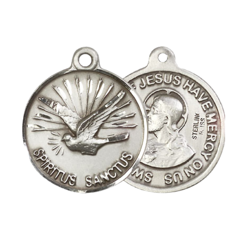 Everlasting Light Jewelry .925 Sterling Silver Holy Spirit Medal Pendant (7/8 x 7/8) with a 24 Inch Endless Rhodium Plated Heavy Curb Chain, Catholic Medal - Made in USA, Deluxe Velvet Gift Box