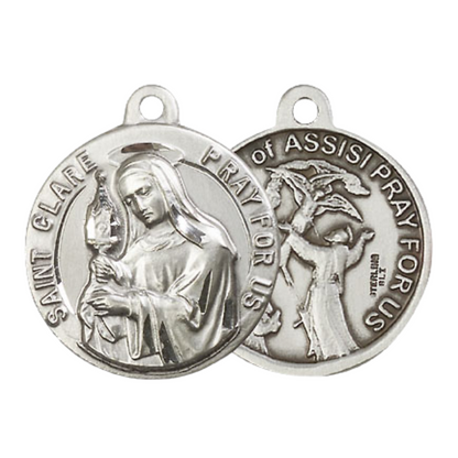 Everlasting Light Jewelry .925 Sterling Silver Saint St. Clare Medal Pendant on 24 Inch Endless Rhodium Plated Heavy Curb Chain - Catholic Religious Necklace Made in USA, Deluxe Velvet Gift Box