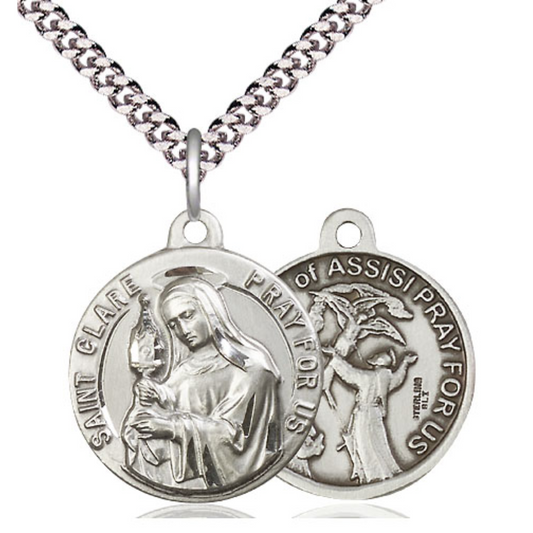 Everlasting Light Jewelry .925 Sterling Silver Saint St. Clare Medal Pendant on 24 Inch Endless Rhodium Plated Heavy Curb Chain - Catholic Religious Necklace Made in USA, Deluxe Velvet Gift Box