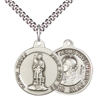 Everlasting Light Jewelry .925 Sterling Silver Saint St. Vitus Medal Pendant on 24 Inch Endless Rhodium Plated Heavy Curb Chain - Catholic Religious Necklace Made in USA, Deluxe Velvet Gift Box