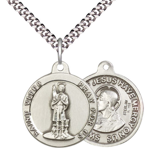 Everlasting Light Jewelry .925 Sterling Silver Saint St. Vitus Medal Pendant on 24 Inch Endless Rhodium Plated Heavy Curb Chain - Catholic Religious Necklace Made in USA, Deluxe Velvet Gift Box