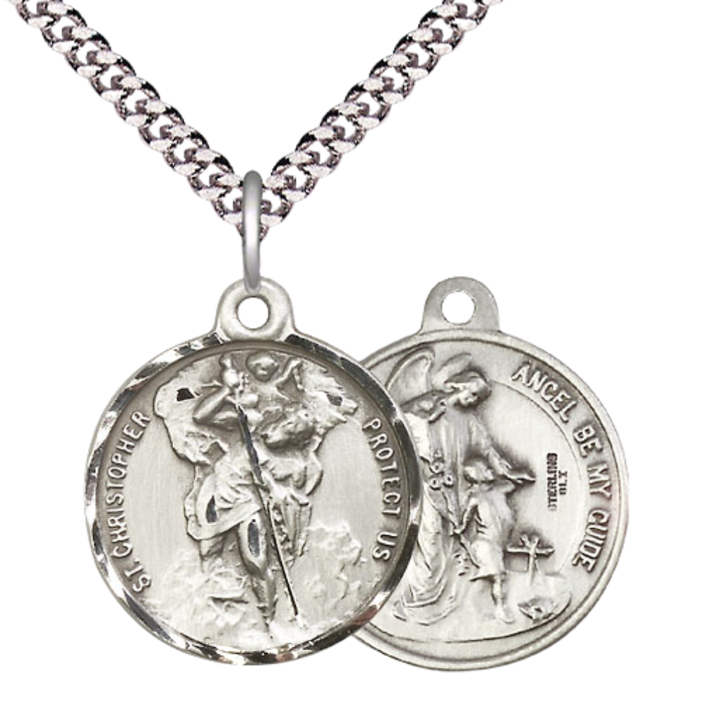 Everlasting Light Jewelry .925 Sterling Silver Saint St. Christopher Medal Pendant on 24 Inch Endless Rhodium Plated Heavy Curb Chain - Catholic Religious Necklace Made in USA, Deluxe Velvet Gift Box