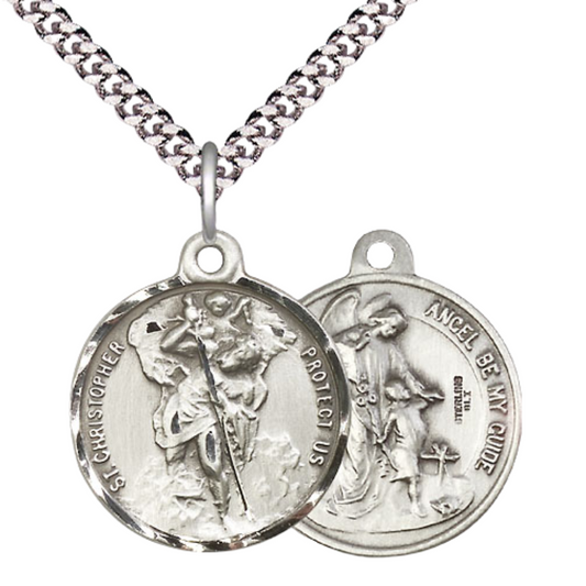 Everlasting Light Jewelry .925 Sterling Silver Saint St. Christopher Medal Pendant on 24 Inch Endless Rhodium Plated Heavy Curb Chain - Catholic Religious Necklace Made in USA, Deluxe Velvet Gift Box
