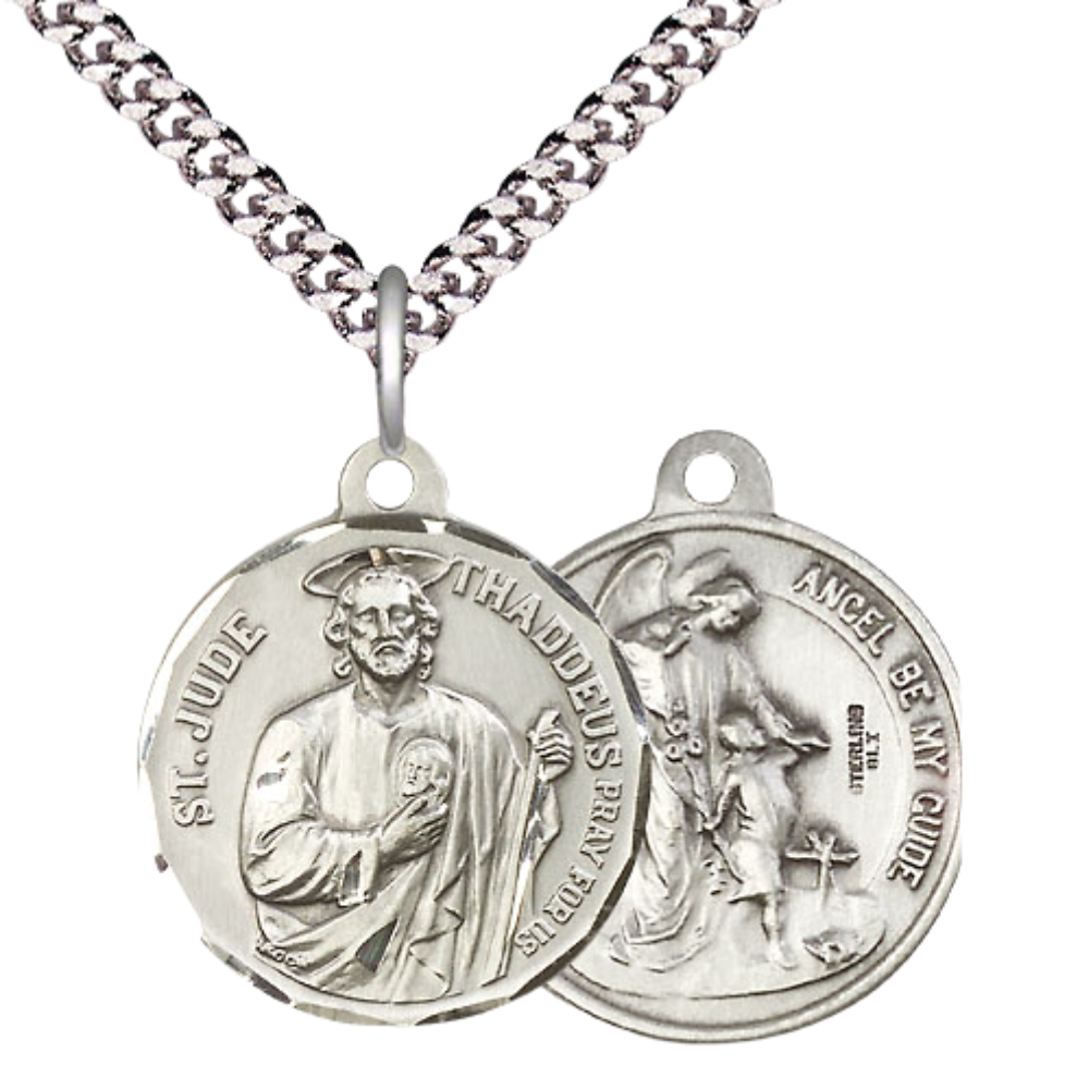 Everlasting Light Jewelry .925 Sterling Silver Saint St. Jude Medal Pendant on 24 Inch Endless Rhodium Plated Heavy Curb Chain - Catholic Religious Necklace Made in USA, Deluxe Velvet Gift Box