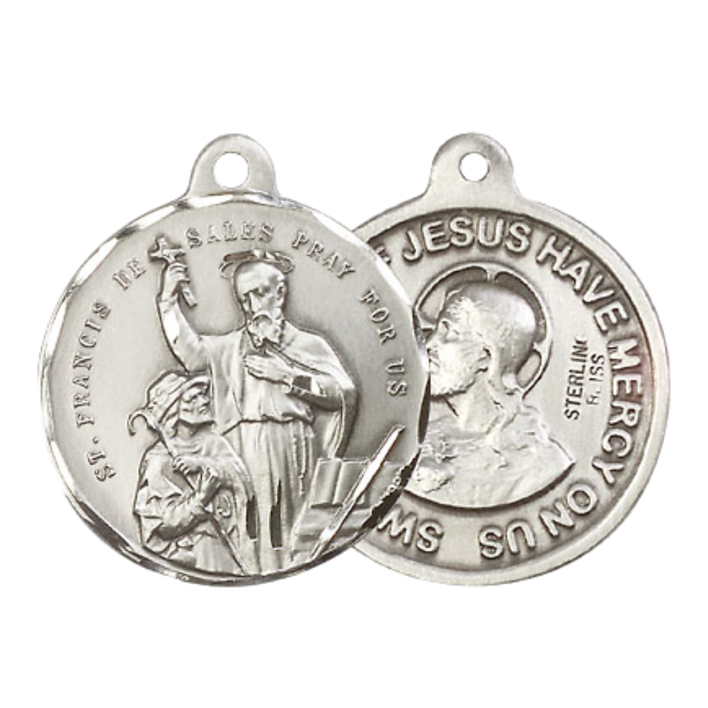 Everlasting Light Jewelry .925 Sterling Silver Saint St. Francis de Sales Medal Pendant on 24 Inch Endless Rhodium Plated Heavy Curb Chain - Catholic Religious Necklace Made in USA, Deluxe Velvet Gift Box