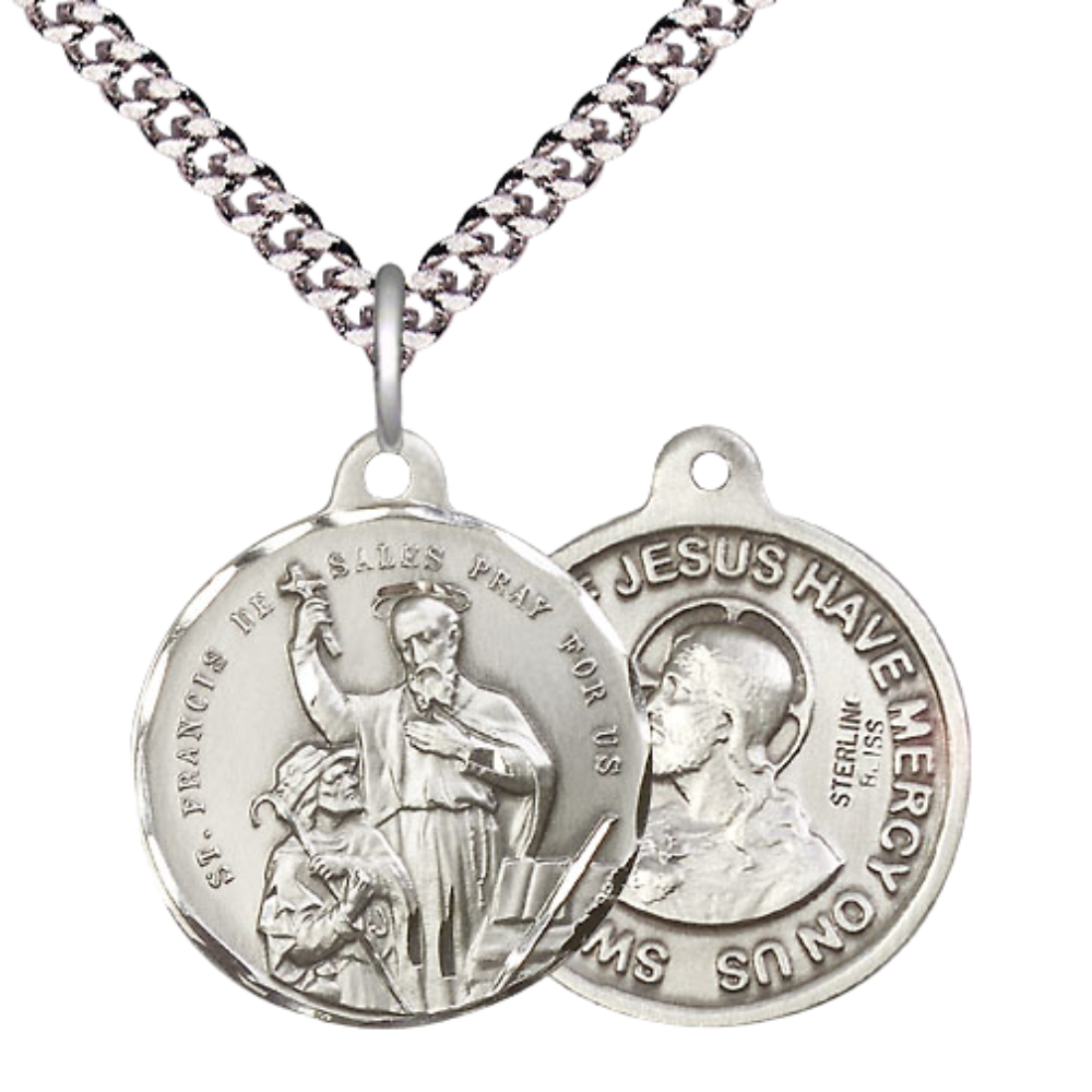 Everlasting Light Jewelry .925 Sterling Silver Saint St. Francis de Sales Medal Pendant on 24 Inch Endless Rhodium Plated Heavy Curb Chain - Catholic Religious Necklace Made in USA, Deluxe Velvet Gift Box