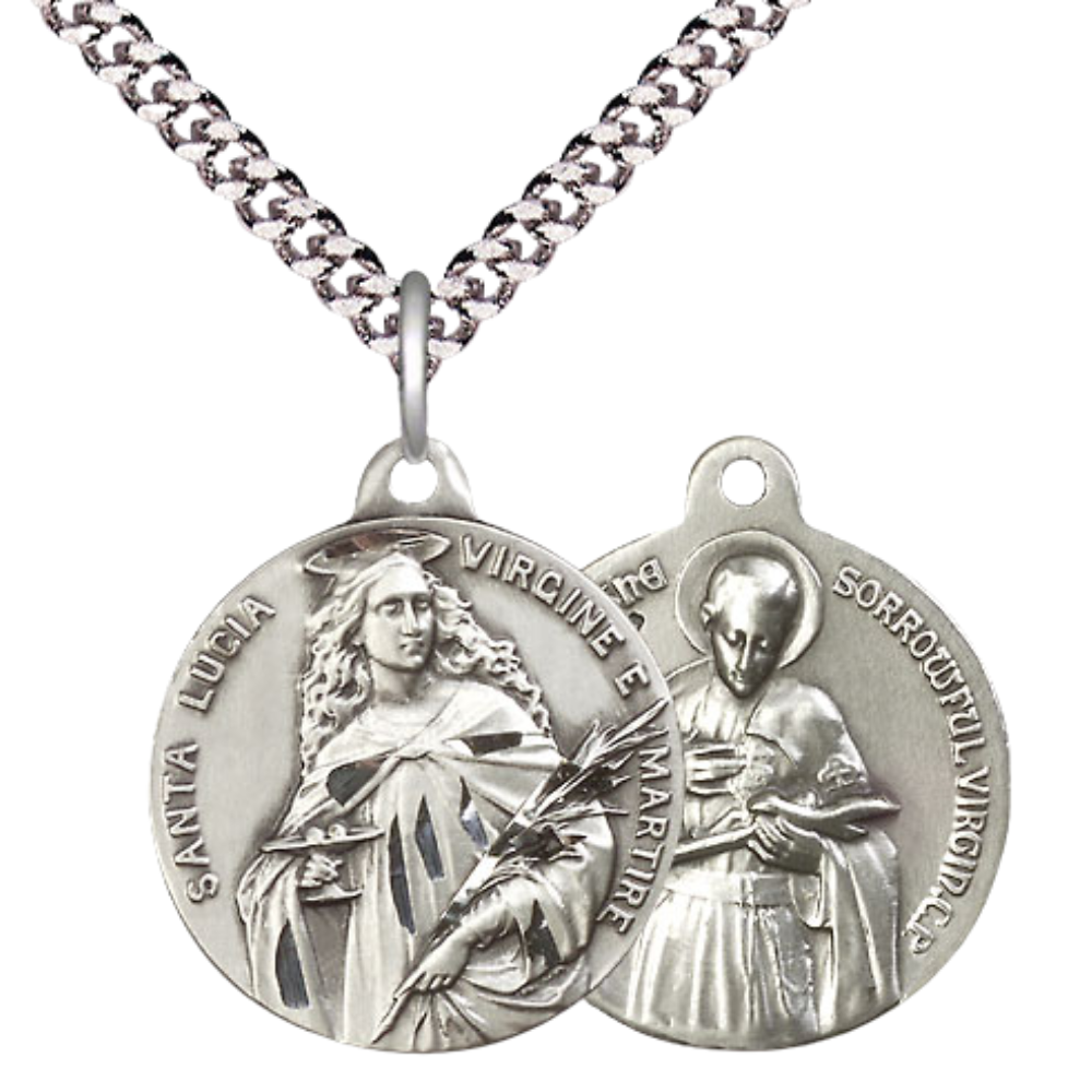 Everlasting Light Jewelry .925 Sterling Silver Saint St. Lucia Medal Pendant on 24 Inch Endless Rhodium Plated Heavy Curb Chain - Catholic Religious Necklace Made in USA, Deluxe Velvet Gift Box