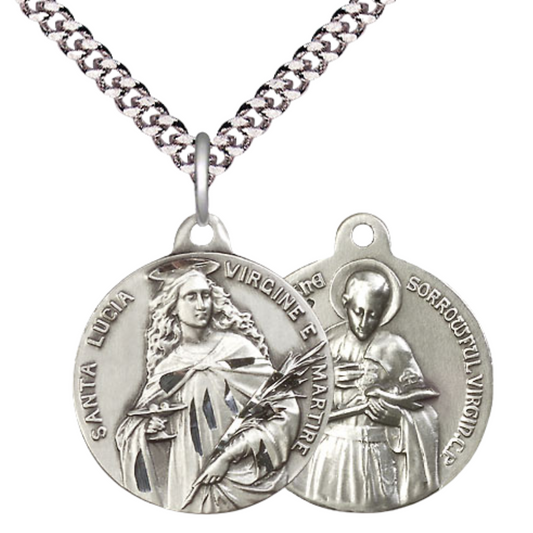 Everlasting Light Jewelry .925 Sterling Silver Saint St. Lucia Medal Pendant on 24 Inch Endless Rhodium Plated Heavy Curb Chain - Catholic Religious Necklace Made in USA, Deluxe Velvet Gift Box