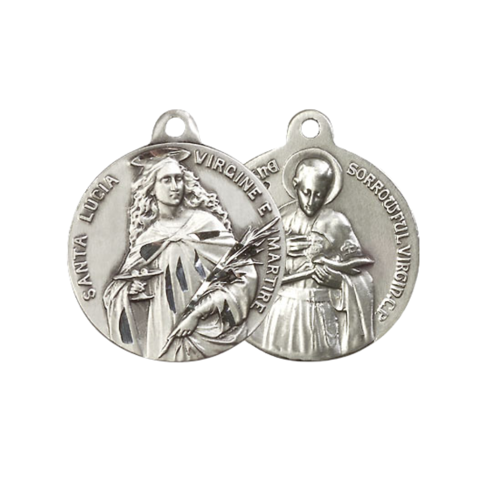 Everlasting Light Jewelry .925 Sterling Silver Saint St. Lucia Medal Pendant on 24 Inch Endless Rhodium Plated Heavy Curb Chain - Catholic Religious Necklace Made in USA, Deluxe Velvet Gift Box