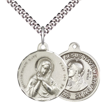 Everlasting Light Jewelry .925 Sterling Silver Blessed Virgin Medal Pendant (7/8 x 7/8) on 24 Inch Endless Rhodium Plated Heavy Curb Chain, Catholic Medal - Made in USA, Deluxe Velvet Gift Box