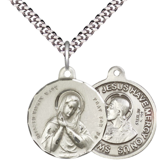 Everlasting Light Jewelry .925 Sterling Silver Blessed Virgin Medal Pendant (7/8 x 7/8) on 24 Inch Endless Rhodium Plated Heavy Curb Chain, Catholic Medal - Made in USA, Deluxe Velvet Gift Box