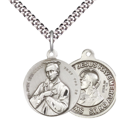 Everlasting Light Jewelry .925 Sterling Silver Saint St. John Berchmans Medal Pendant (7/8 x 7/8) on 24 Inch Endless Rhodium Plated Heavy Curb Chain, Catholic Medal - Made in USA, Deluxe Velvet Gift Box