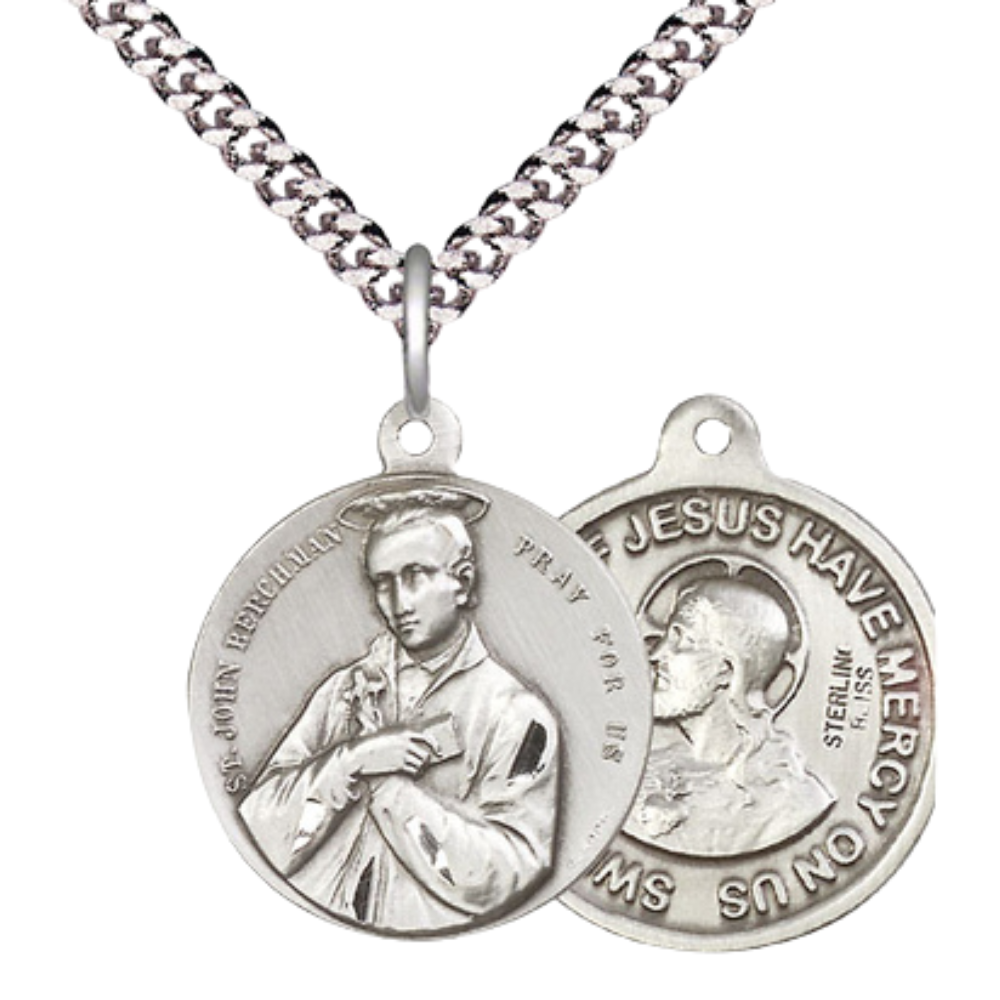 Everlasting Light Jewelry .925 Sterling Silver Saint St. John Berchmans Medal Pendant (7/8 x 7/8) on 24 Inch Endless Rhodium Plated Heavy Curb Chain, Catholic Medal - Made in USA, Deluxe Velvet Gift Box
