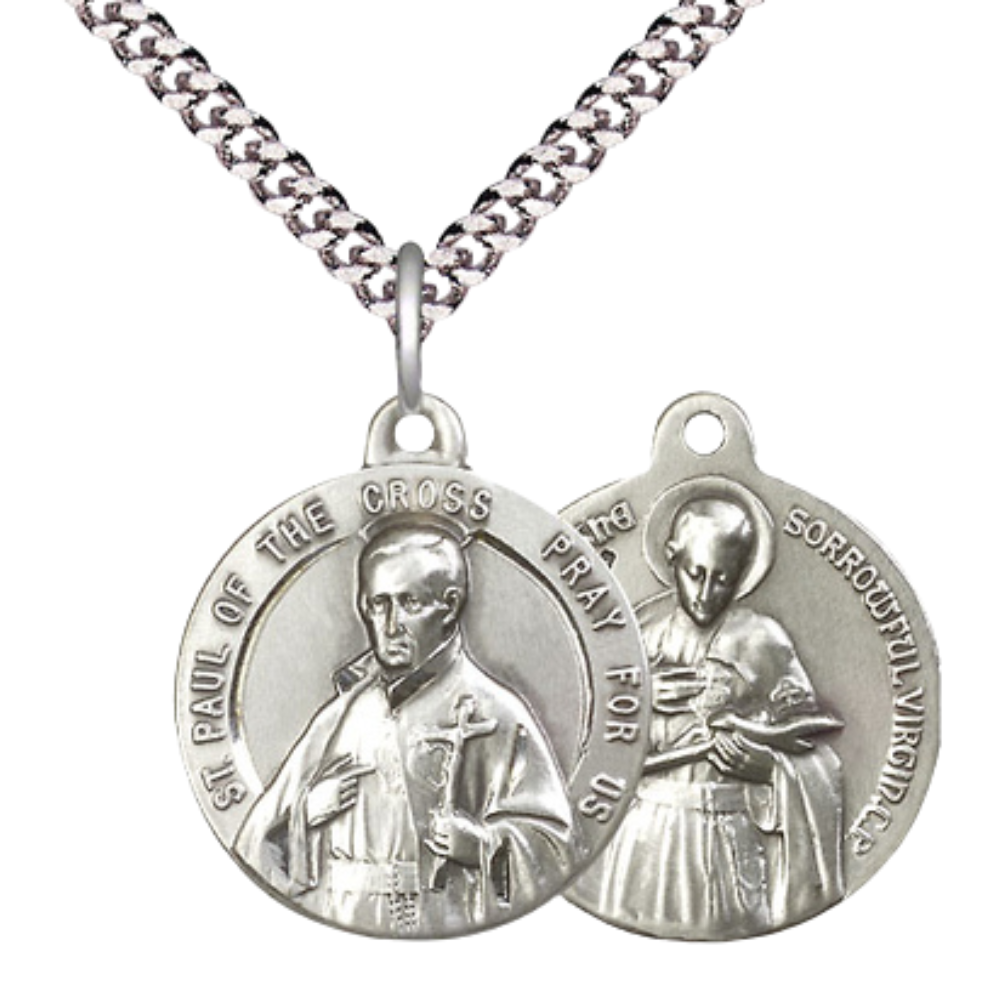 Everlasting Light Jewelry .925 Sterling Silver Saint St. Paul of the Cross Medal Pendant (7/8 x 7/8) on 24 Inch Endless Rhodium Plated Heavy Curb Chain, Catholic Medal - Made in USA, Deluxe Velvet Gift Box