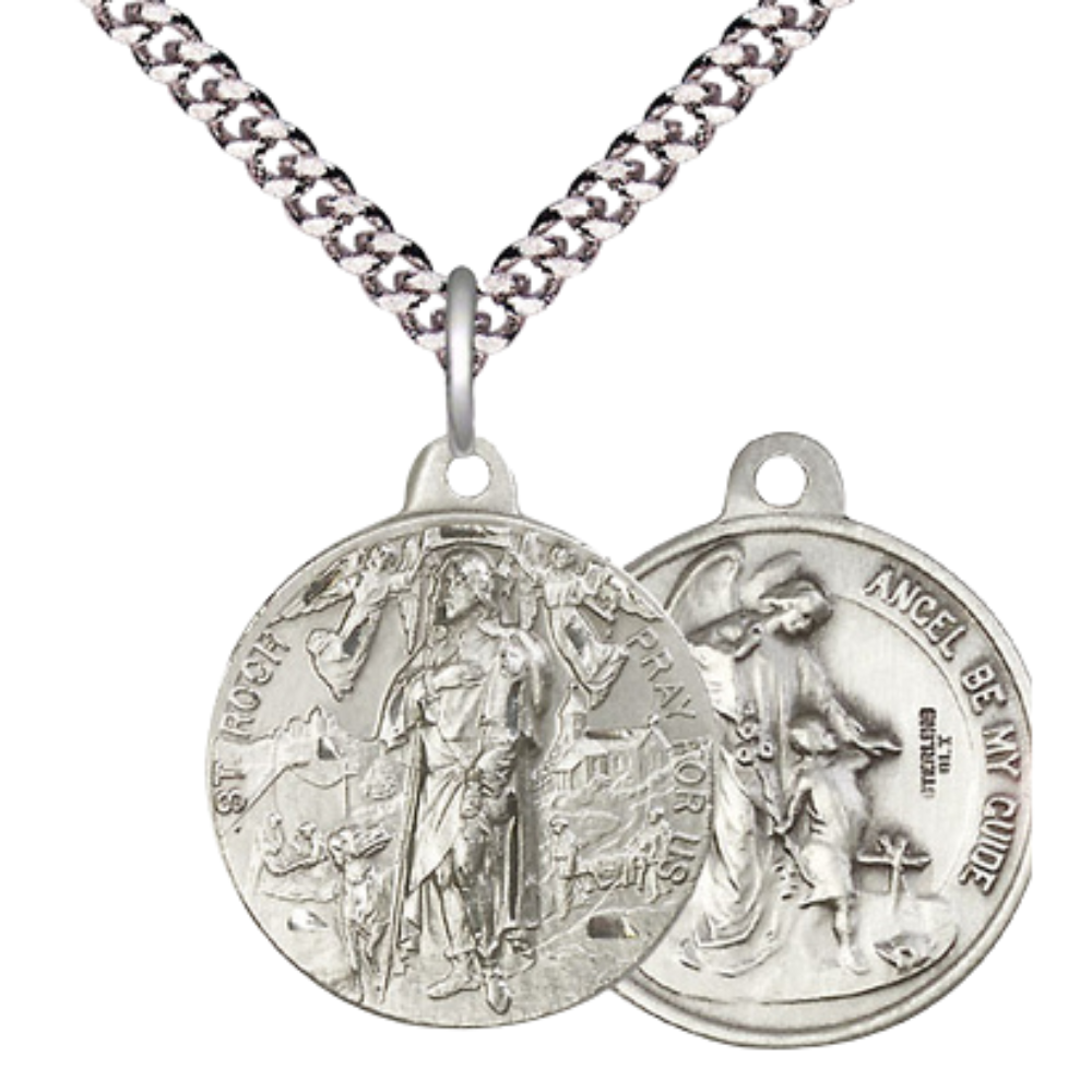Everlasting Light Jewelry .925 Sterling Silver Saint St. Roch Medal Pendant (7/8 x 7/8) on 24 Inch Endless Rhodium Plated Heavy Curb Chain, Catholic Medal - Made in USA, Comes with Deluxe Velvet Gift Box