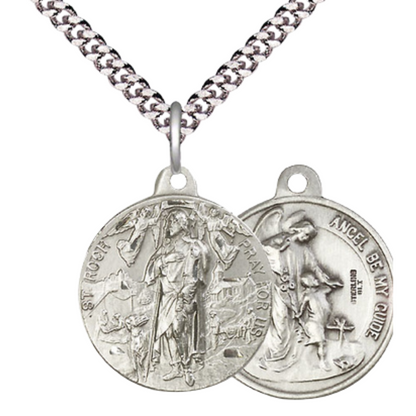 Everlasting Light Jewelry .925 Sterling Silver Saint St. Roch Medal Pendant (7/8 x 7/8) on 24 Inch Endless Rhodium Plated Heavy Curb Chain, Catholic Medal - Made in USA, Comes with Deluxe Velvet Gift Box