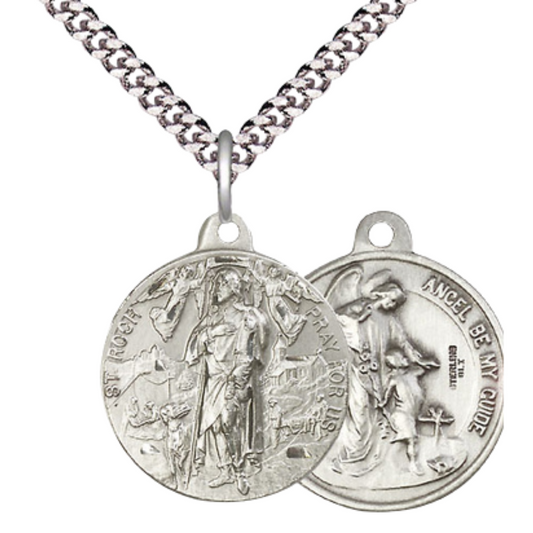 Everlasting Light Jewelry .925 Sterling Silver Saint St. Roch Medal Pendant (7/8 x 7/8) on 24 Inch Endless Rhodium Plated Heavy Curb Chain, Catholic Medal - Made in USA, Comes with Deluxe Velvet Gift Box