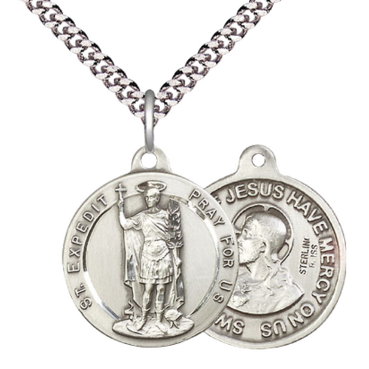 Everlasting Light Jewelry .925 Sterling Silver Saint St. Expedit Medal Pendant(7/8 x 7/8) on 24 Inch Endless Rhodium Plated Heavy Curb Chain, Catholic Medal - Made in USA, Deluxe Velvet Gift Box Included