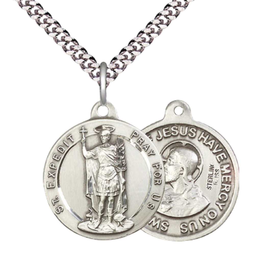 Everlasting Light Jewelry .925 Sterling Silver Saint St. Expedit Medal Pendant(7/8 x 7/8) on 24 Inch Endless Rhodium Plated Heavy Curb Chain, Catholic Medal - Made in USA, Deluxe Velvet Gift Box Included