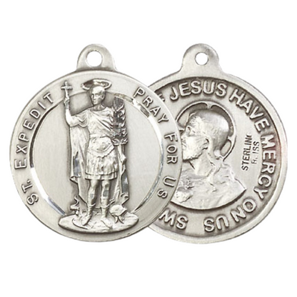 Everlasting Light Jewelry .925 Sterling Silver Saint St. Expedit Medal Pendant(7/8 x 7/8) on 24 Inch Endless Rhodium Plated Heavy Curb Chain, Catholic Medal - Made in USA, Deluxe Velvet Gift Box Included