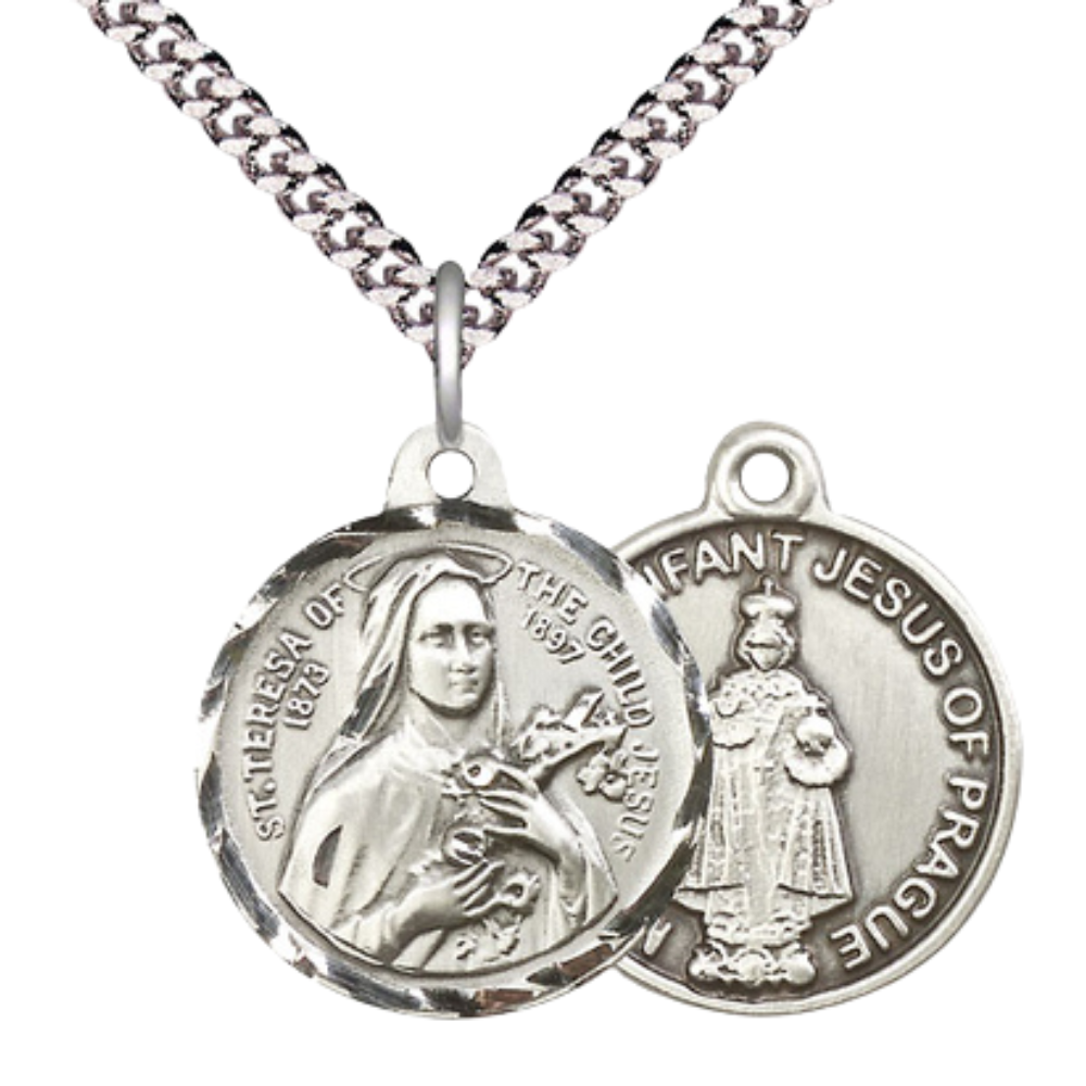Everlasting Light Jewelry .925 Sterling Silver Saint St. Theresa Medal Pendant (7/8 x 7/8) on 24 Inch Endless Rhodium Plated Heavy Curb Chain, Catholic Medal - Made in USA, Deluxe Velvet Gift Box Included